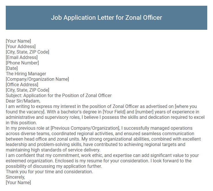 Job Application Letter for Zonal Officer