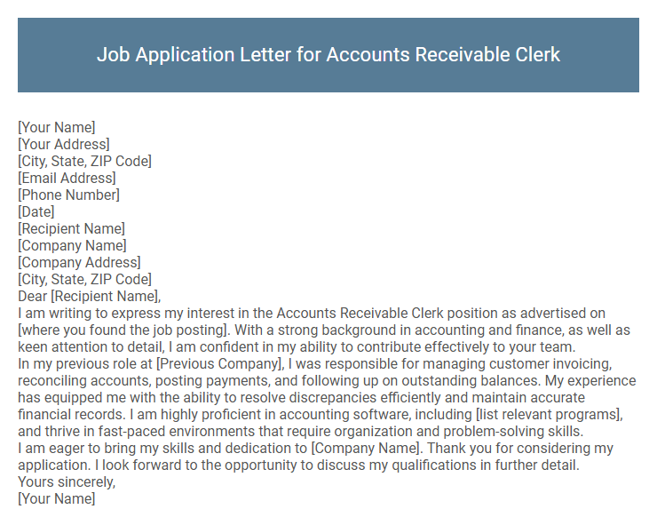 Job Application Letter for Accounts Receivable Clerk