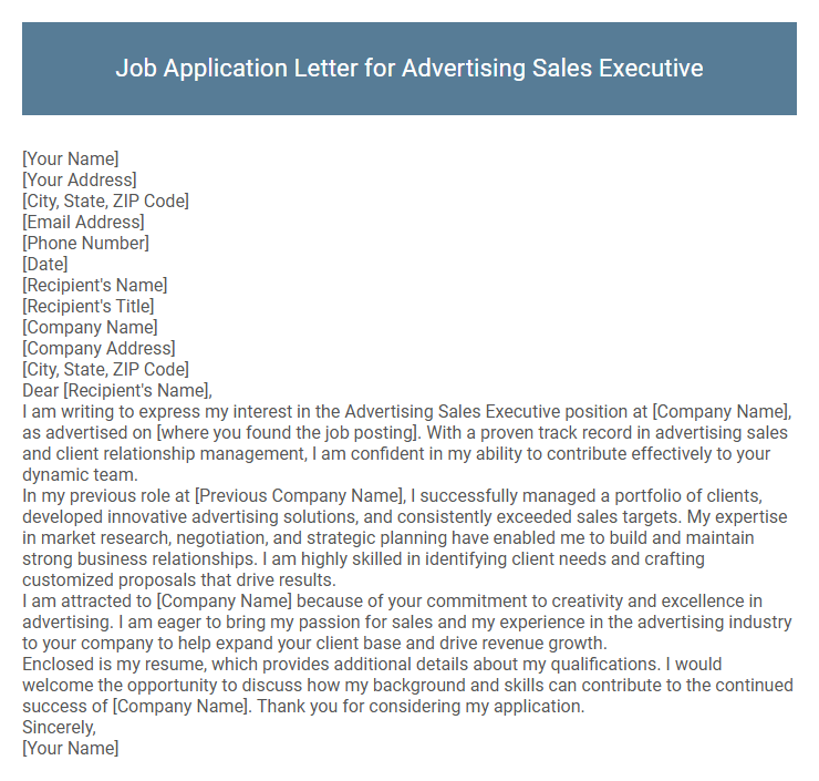 Job Application Letter for Advertising Sales Executive