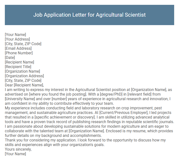 Job Application Letter for Agricultural Scientist