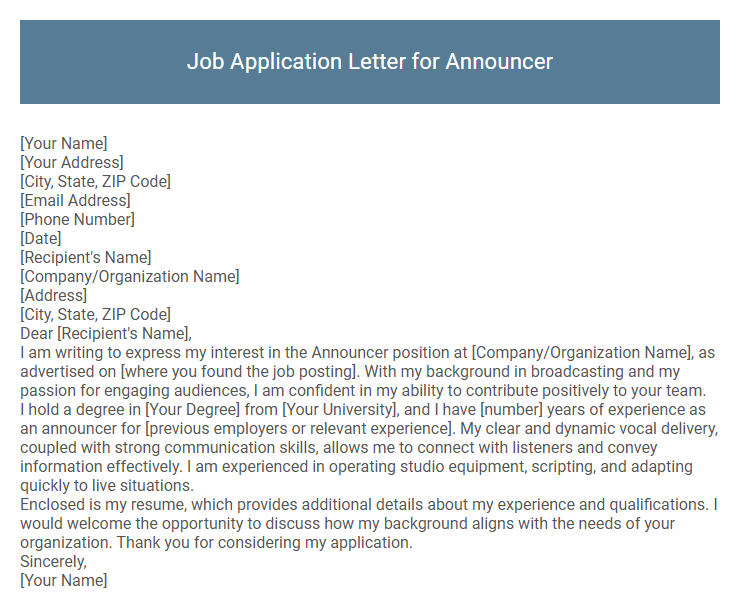 Job Application Letter for Announcer