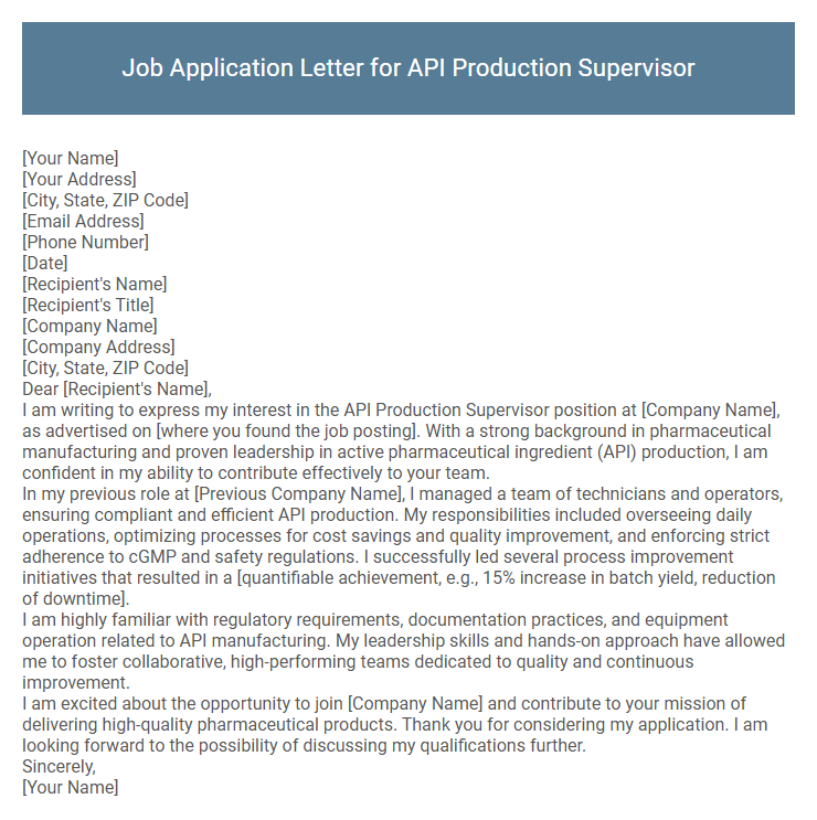 Job Application Letter for API Production Supervisor
