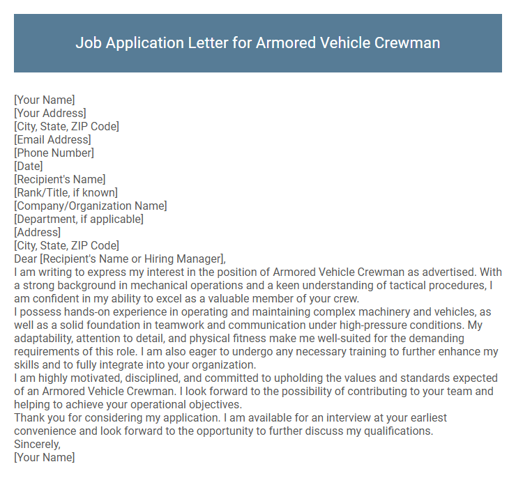Job Application Letter for Armored Vehicle Crewman