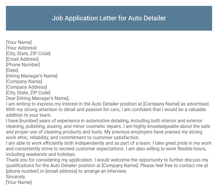 Job Application Letter for Auto Detailer