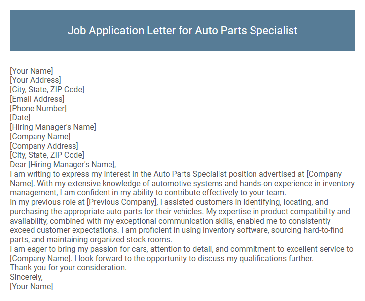 Job Application Letter for Auto Parts Specialist