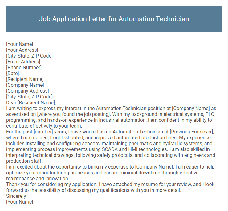 Job Application Letter for Automation Technician