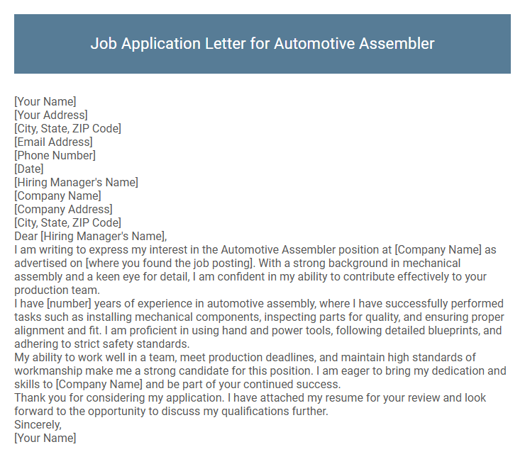 Job Application Letter for Automotive Assembler