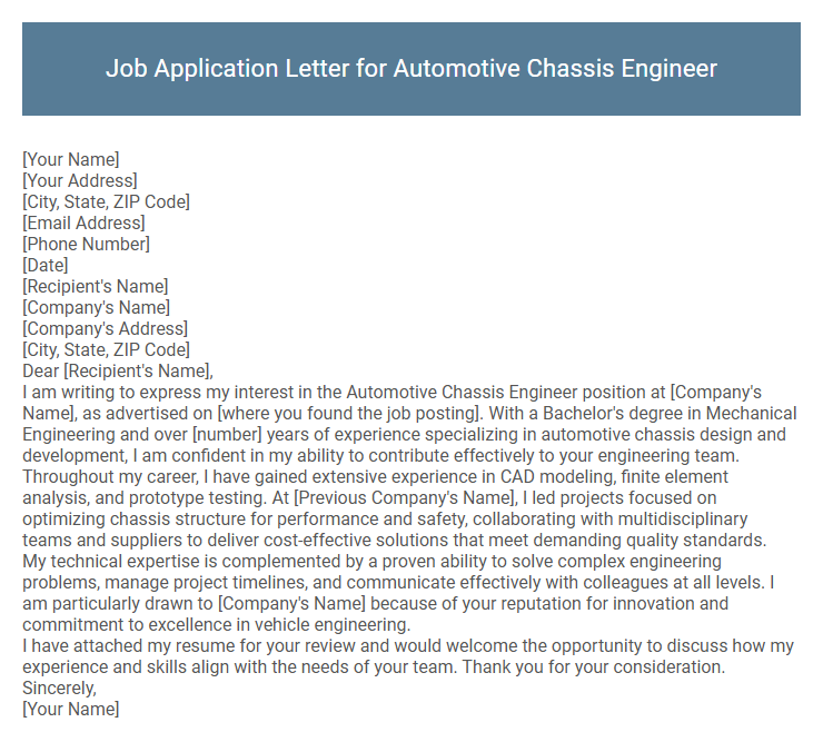 Job Application Letter for Automotive Chassis Engineer