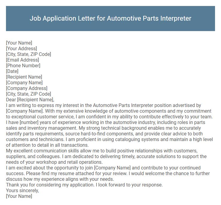 Job Application Letter for Automotive Parts Interpreter