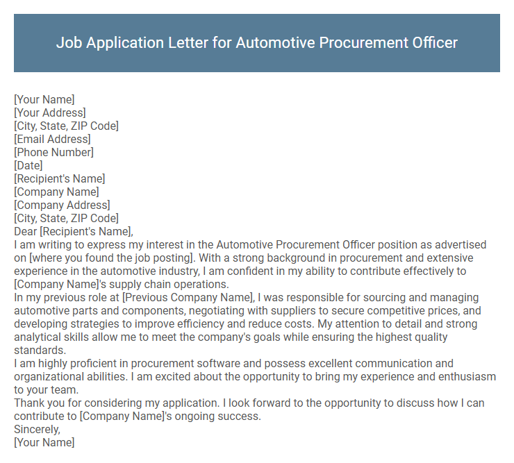Job Application Letter for Automotive Procurement Officer