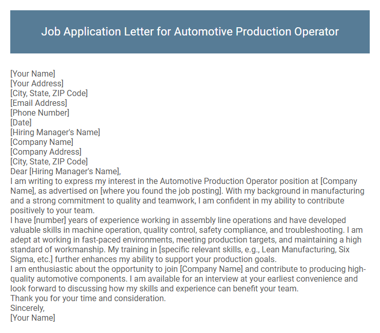 Job Application Letter for Automotive Production Operator