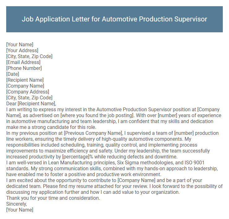 Job Application Letter for Automotive Production Supervisor