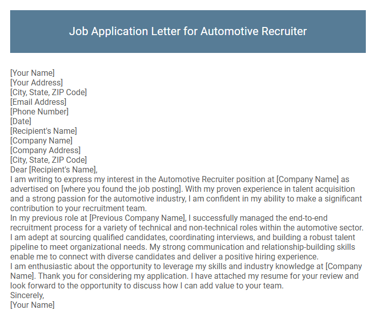 Job Application Letter for Automotive Recruiter