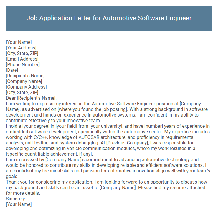 Job Application Letter for Automotive Software Engineer