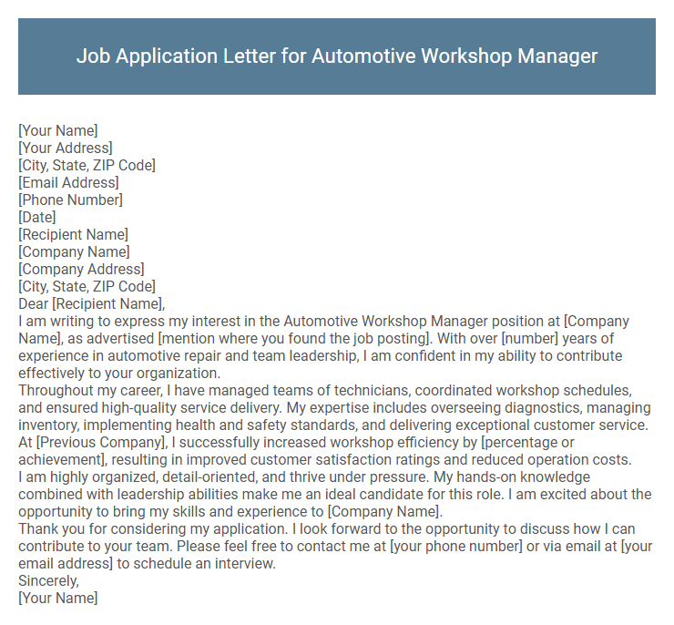 Job Application Letter for Automotive Workshop Manager