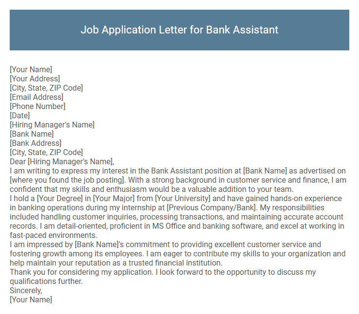 Job Application Letter for Bank Assistant