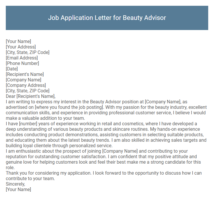 Job Application Letter for Beauty Advisor
