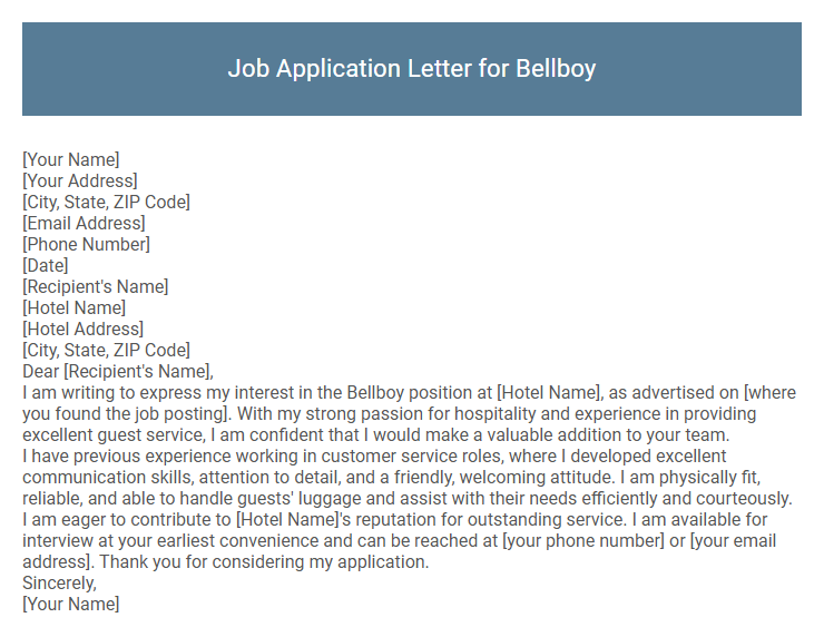 Job Application Letter for Bellboy
