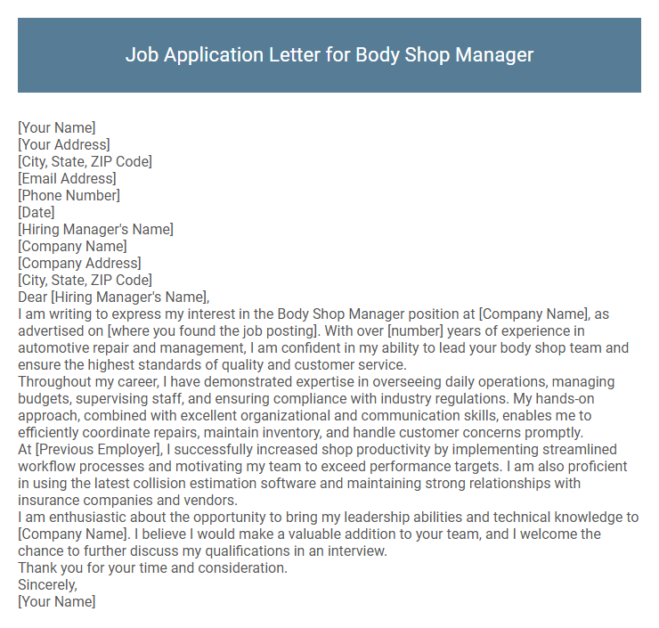 Job Application Letter for Body Shop Manager