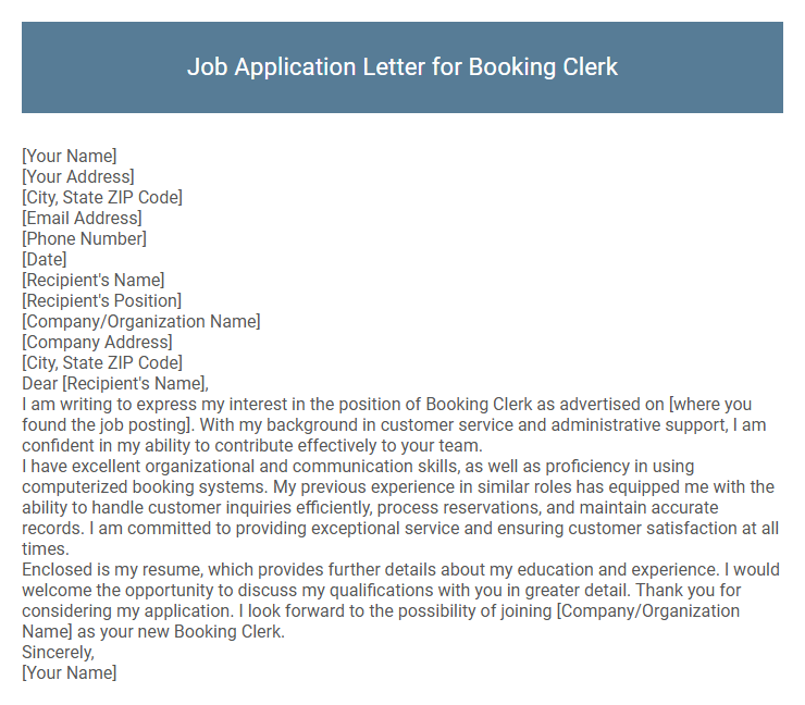 Job Application Letter for Booking Clerk