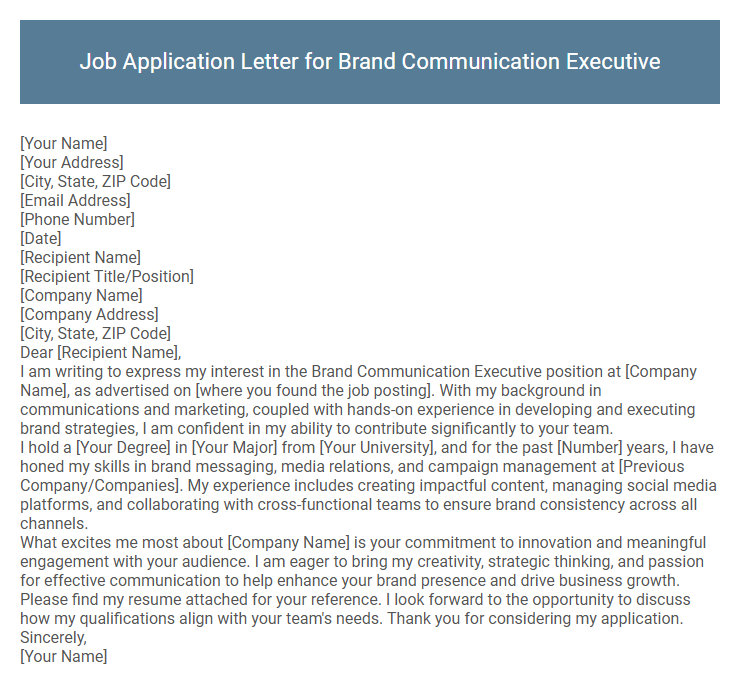 Job Application Letter for Brand Communication Executive