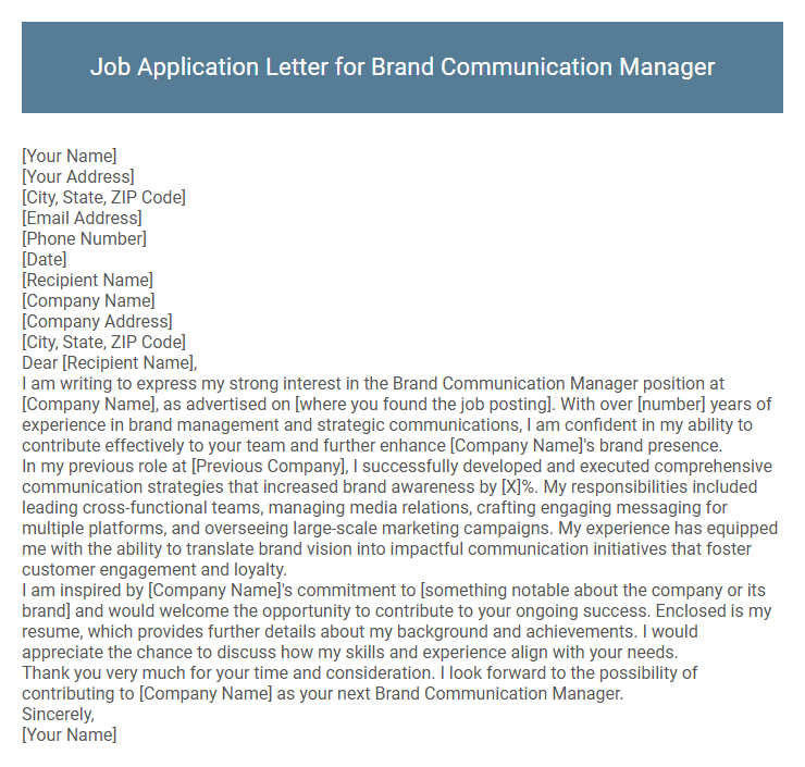 Job Application Letter for Brand Communication Manager