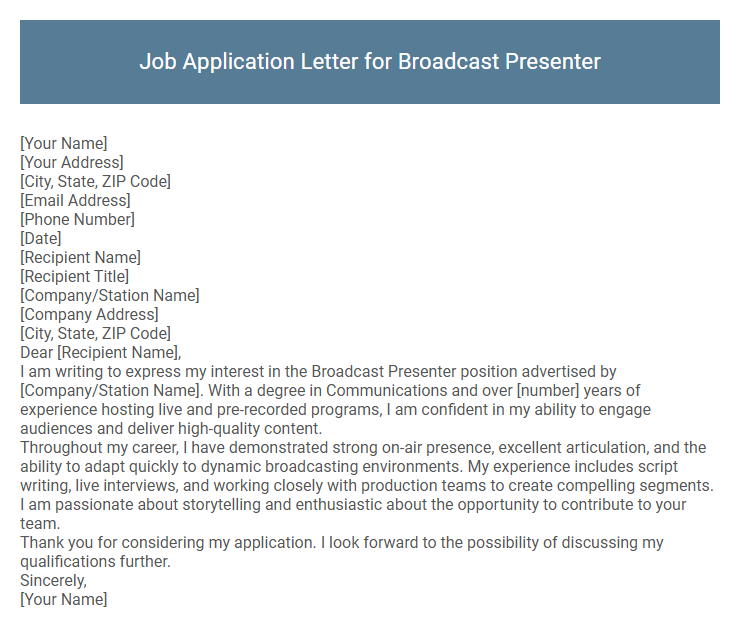 Job Application Letter for Broadcast Presenter