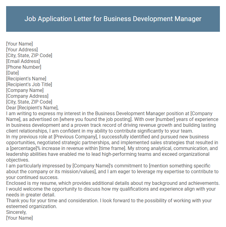 Job Application Letter for Business Development Manager