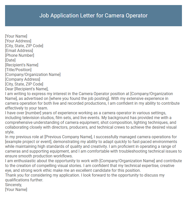 Job Application Letter for Camera Operator