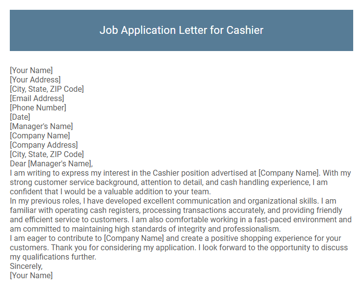 Job Application Letter for Cashier