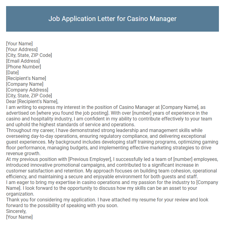 Job Application Letter for Casino Manager