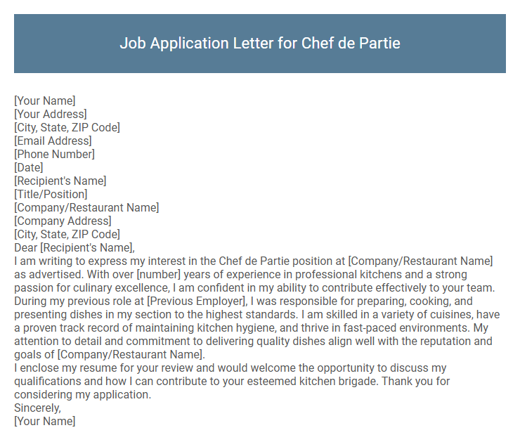 Job Application Letter for Chef de Partie