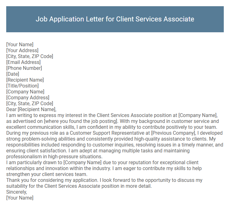 Job Application Letter for Client Services Associate