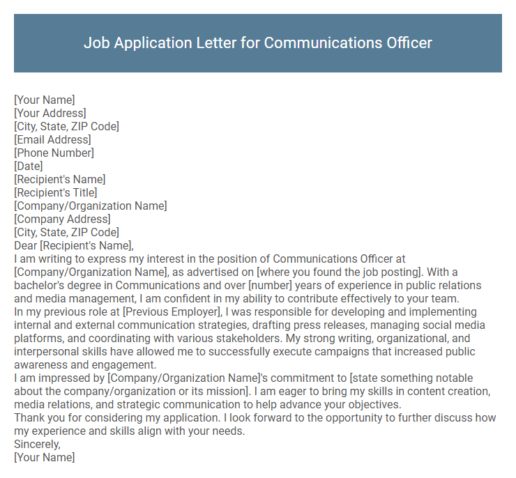 Job Application Letter for Communications Officer