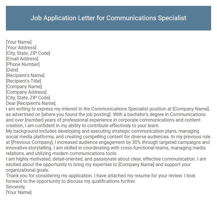 Job Application Letter for Communications Specialist