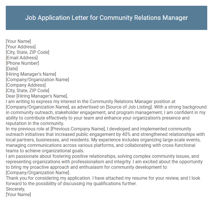 Job Application Letter for Community Relations Manager