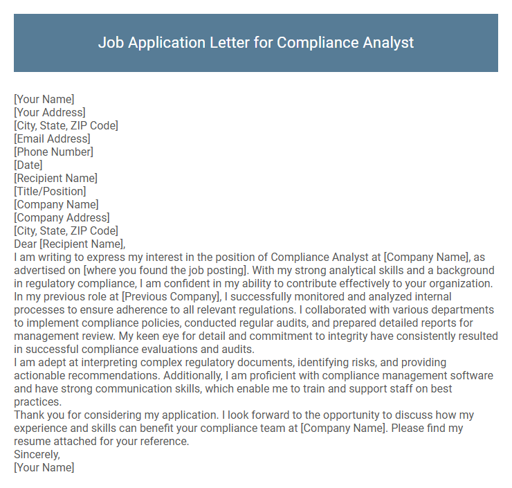 Job Application Letter for Compliance Analyst