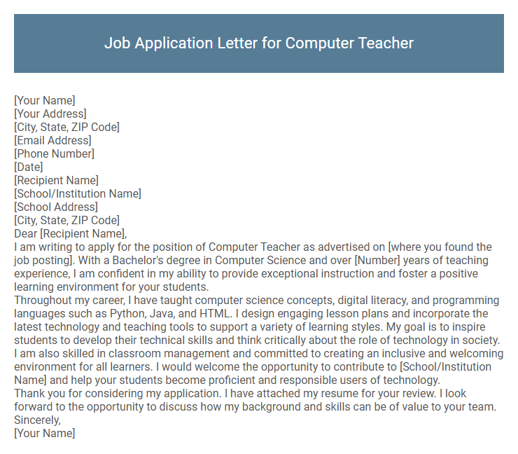 Job Application Letter for Computer Teacher