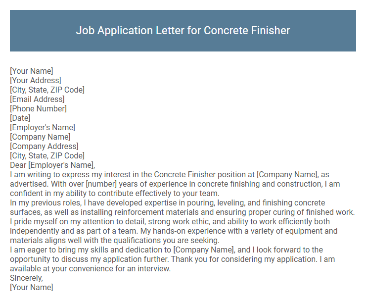 Job Application Letter for Concrete Finisher