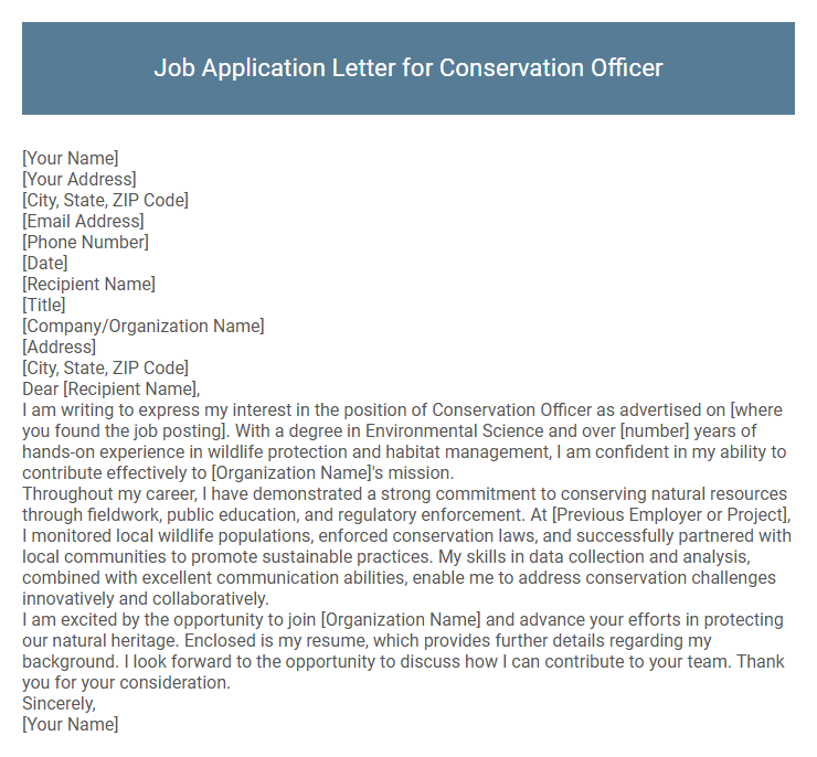 Job Application Letter for Conservation Officer