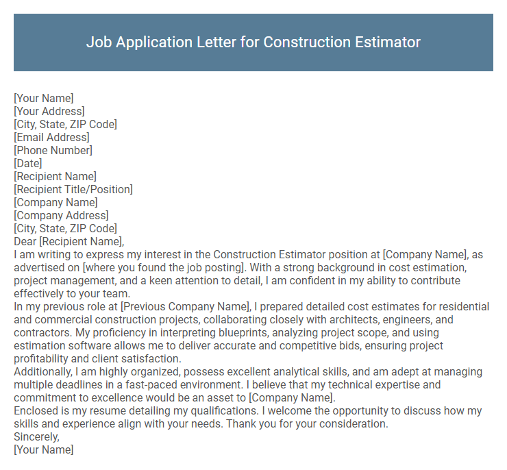 Job Application Letter for Construction Estimator