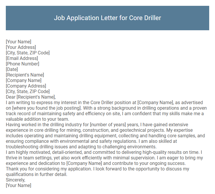 Job Application Letter for Core Driller