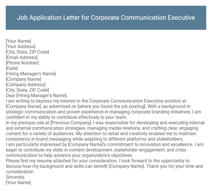 Job Application Letter for Corporate Communication Executive