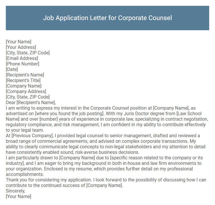 Job Application Letter for Corporate Counsel