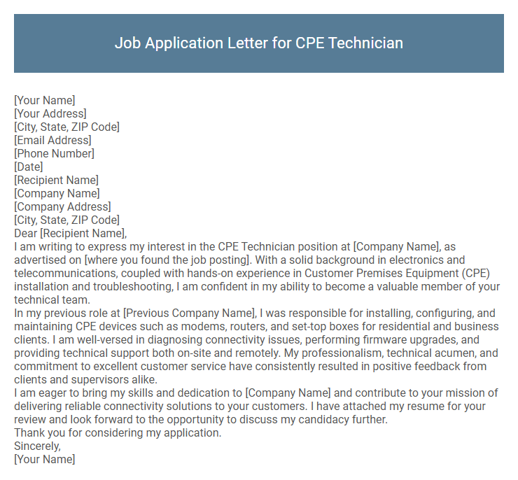 Job Application Letter for CPE Technician