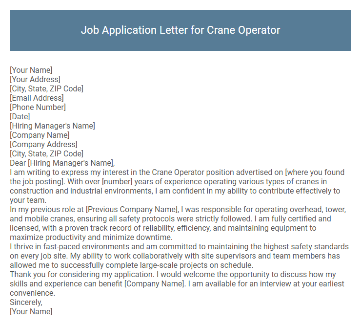 Job Application Letter for Crane Operator