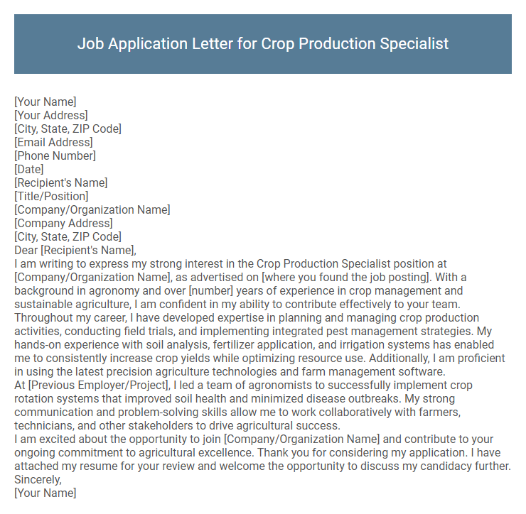 Job Application Letter for Crop Production Specialist