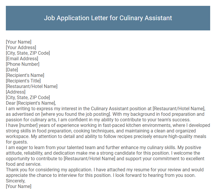 Job Application Letter for Culinary Assistant