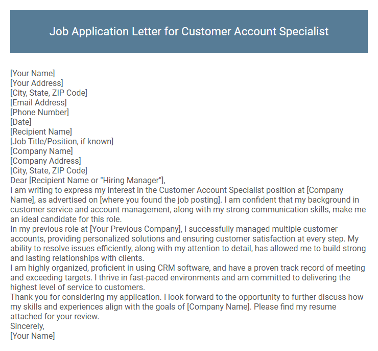 Job Application Letter for Customer Account Specialist