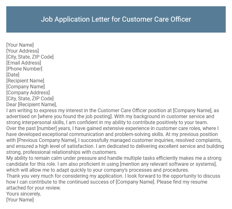 Job Application Letter for Customer Care Officer
